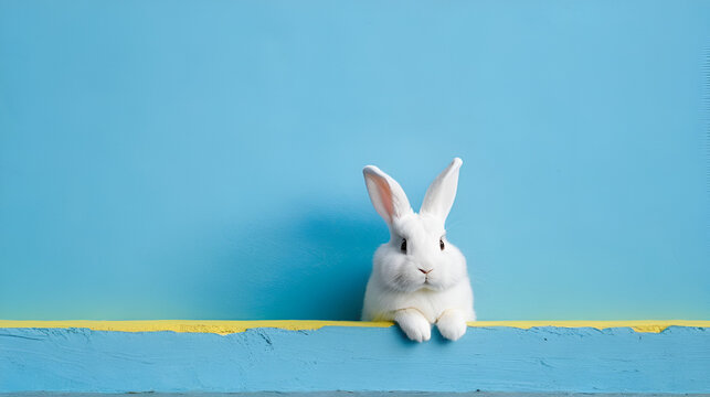 Easter bunny rabbit peeps out of the blue wall.