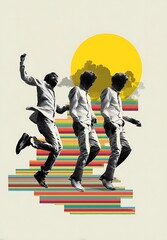 Three people dancing in the style of pop art collage, with rainbow stripes and a white background