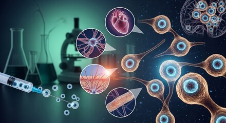 Medical research illustration of human organs and cells for science and healthcare
