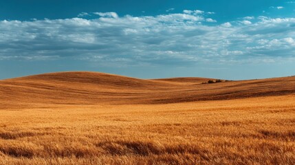Obraz premium Serene Landscape of Rolling Golden Fields Under a Blue Sky