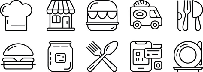 chef hat, restaurant storefront, burger icon, food truck, cutlery set, burger sandwich, food jar, fork spoon, mobile food app, dining plate illustration