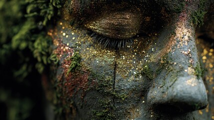 Obraz premium Close-Up of Beautiful Artistic Face Covered in Nature-Inspired Makeup