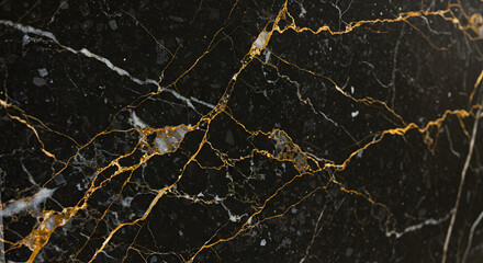 Abstract close-up of black marble with striking gold veining creating a luxurious and elegant natural stone pattern.