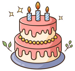 Cute illustration of a two-tier birthday cake with candles and decorations. Perfect for celebration themes, party invitations, greeting cards, dessert designs, and lifestyle content.