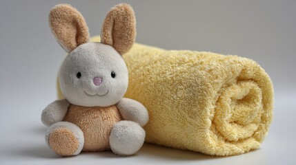 Fototapeta premium Soft Bunny Plush Toy with Yellow Towel on Gray Background
