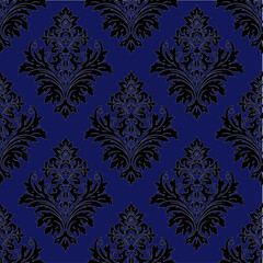 Seamless Damask Floral Pattern with Blue Background and Black Flowers – Vector Design