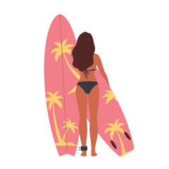 Surfer Girl in Bikini Holding a Pink Surfboard Vector Illustration