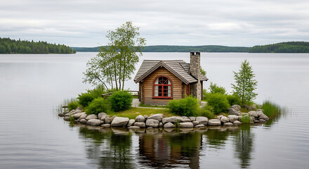 Obraz premium Small wooden cabin on a rocky island in a calm lake