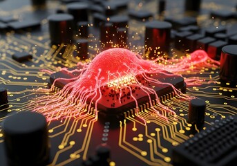 A 3D illustration of a red, glowing computer virus or malware infecting a microchip on a circuit board. This concept represents cybersecurity threats, hacking, and system failure