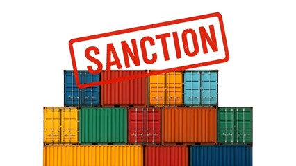 Obraz premium Stacked Shipping Containers with Red ‘Sanction’ Stamp Representing Trade Restrictions 