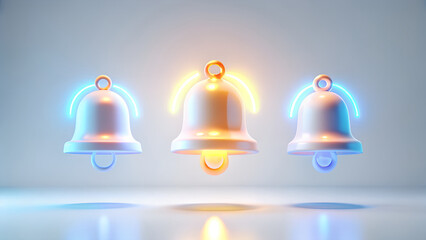 Three notification bells with glowing neon light effect, a modern and futuristic concept for digital communication