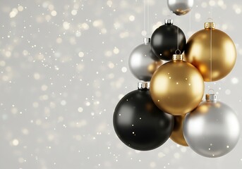 Cluster of festive christmas ornaments in gold black and silver against a sparkling bokeh background