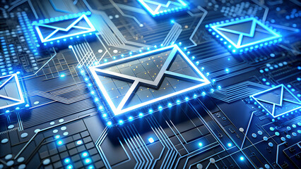 Digital email envelopes on a circuit board, a futuristic concept for online communication and digital technology