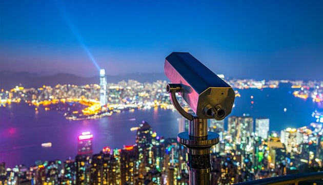 Magnificent Hong Kong city skyline illuminated at night viewed through coin binoculars