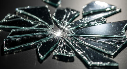Close up of shattered glass creating a starburst pattern with sharp edges