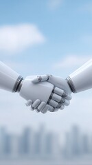 Robotic Handshake: A close-up view of two robotic hands clasped together in a gesture of alliance, set against a backdrop of a blurred city and a bright blue sky.