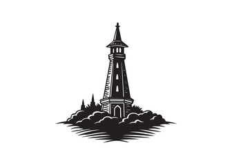 Obraz premium Castle Tower Silhouette Vector Illustration of Medieval Fortress Stronghold.