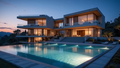 Fototapeta premium Modern luxury house with expansive glass walls illuminated at dusk overlooking a serene swimming