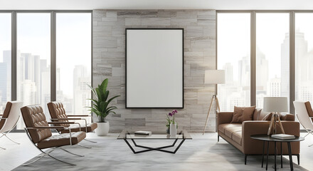 Contemporary Interior with Brown Leather Sofa and Blank Poster Mockup Display
