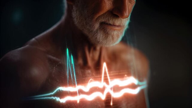 Elderly man with Hogan presenting flatline heart monitor symbol, isolated on dark plain background, medical concept