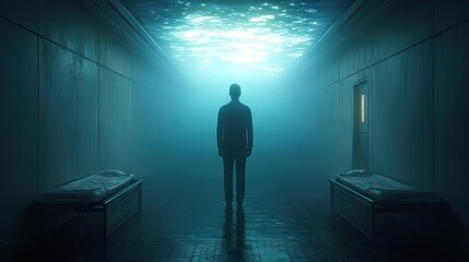 Fototapeta premium Solitary figure standing in center scene concept. A solitary figure stands in an ethereal underwater environment.