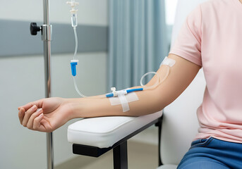 Patient receiving intravenous infusion in arm iv drip