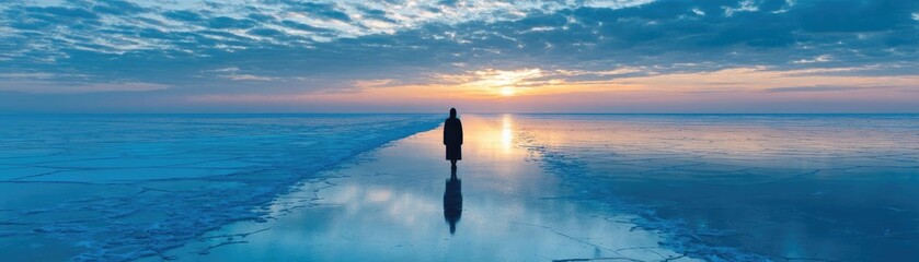 Solitary figure standing in center scene concept. A serene landscape at sunset with a person walking on water.