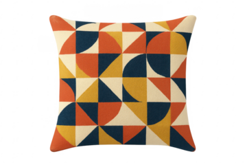 Decorative square throw pillow showing colorful geometric pattern on transparent background