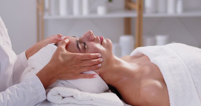 Cosmetologist performing female face gentle head, forehead massage to help relieve stress and reduce tension to refresh, relaxing therapeutic practice in spa salon or beauty clinic, lymphatic drainage