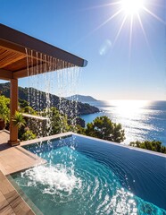 Fototapeta premium A serene pool with crystal-clear water gently flowing over its edge.