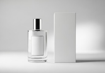Minimalist perfume bottle and white box mockup on a clean studio background