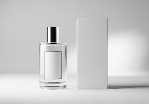 Minimalist perfume bottle and white box mockup on a clean studio background