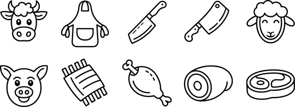 Flat vector illustration butcher shop icons, cow pig sheep symbols, meat cut signs, kitchen knives, apron tools, fresh food products