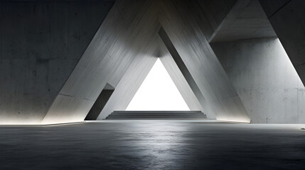 Obraz premium Abstract metal architectural design with sharp geometry and clean surfaces, minimal backdrop for car presentation, empty concrete floor, 3D rendered with high detail --ar 16:9