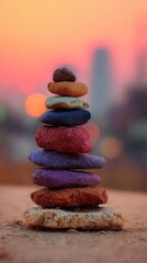 Obraz premium Stacked colorful stones at sunset