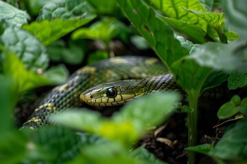 Obraz premium Hidden Green Snake in Lush Foliage A Close Encounter