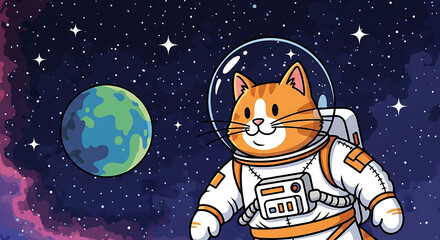 A cute orange tabby cat astronaut floats in space, gazing at Earth.