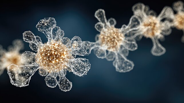 Abstract chain of glowing, geometric cells on dark background