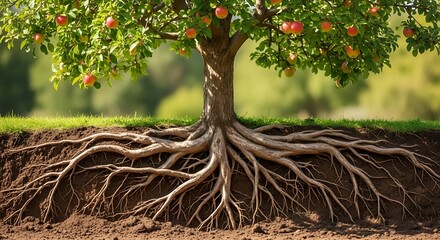 Apple tree with exposed roots and ripe fruit, showcasing the interconnectedness of life