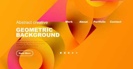 Abstract design features vibrant orange, pink, yellow shapes. Text overlays promote work, portfolio, contact information. Modern aesthetic.