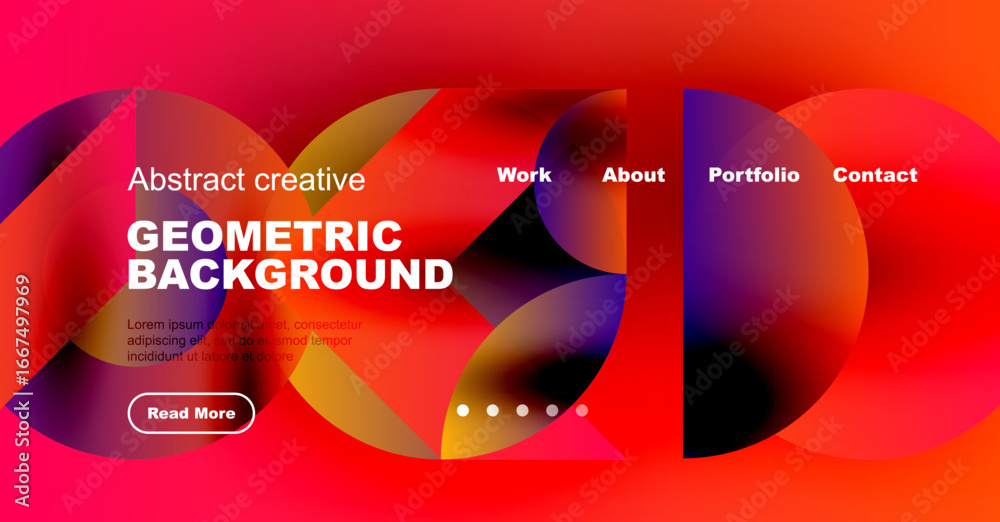 Wall mural vibrant abstract design. geometric shapes blend with warm colors. website header includes navigation