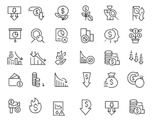 Fototapeta premium Set of outline icons related to lose money, bankruptcy. Linear icon collection