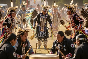 Native American dancers in traditional regalia performing at a powwow