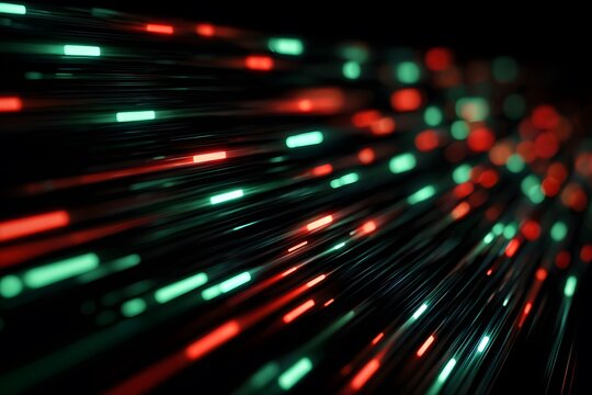Red and green light stripes moving rapidly on a dark background, representing digital data transfer technology, 