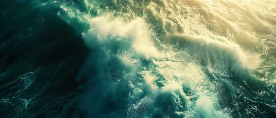 Epic cinematic aerial shot of massive ocean waves colliding, turquoise water and deep navy sea, white sea foam exploding with immense power, golden sunlight reflecting on the waves