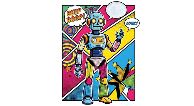 A colorful, retro-style comic book illustration of a friendly, multi-colored robot standing amidst vibrant, abstract shapes and speech bubbles.