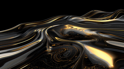Abstract luxury background with flowing metallic golden and black waves, smooth elegant curves, glossy texture, futuristic premium design