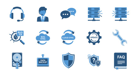 Set of modern flat icons for cloud technology, data storage, and IT support services, designed for business and technology concepts