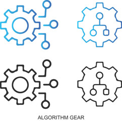 Obraz premium “ALGORITHM GEAR” – Icon Quartet Featuring Gear-Network Hybrids for Emotional-Tech Branding, Machine Logic Systems, and Modular Intelligence Architecture