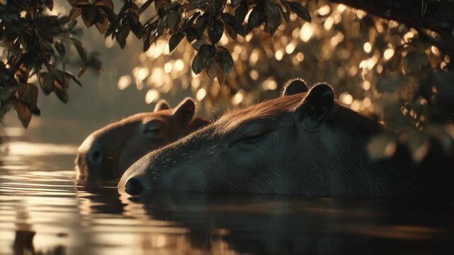 Capybara Serenity: A Peaceful Glimpse of Wildlife Resting in Calm Waters at Sunset